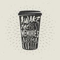 Hand-drawn silhouette paper cup of coffee with lettering.