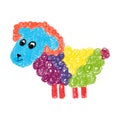 Hand-drawn simple colorful sheep on white background. Isolated. Pencil technique. For kids card