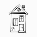 A hand drawn simple doodle outline house with a chimney two windows and a door. Building for logo icon. Stock vector illustration Royalty Free Stock Photo