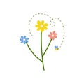 Hand drawn simple flower with bee, spring summer plants on white isolated background Royalty Free Stock Photo