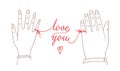 Couple hands connected by red string of fate with words Love You