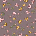 Hand drawn simple seamless pattern butterfly, flowers doodle . Vector illustration Royalty Free Stock Photo