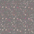 Hand drawn simple twigs with small softness pink flowers on gray background. Nature floral vector seamless pattern with cherry