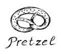 Hand-drawn simple vector sketch in black outline. Traditional Bavarian pastries, pretzel, bagel. Food, bread, flour Royalty Free Stock Photo