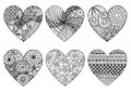 Hand drawn six hearts zentangle style isolate on white Royalty Free Stock Photo