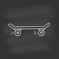 Hand drawn skateboard on chalkboard. White outline on black background. Cute element in doodle style for card, social media banner Royalty Free Stock Photo