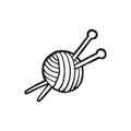 Hand drawn skein of wool and knitting needles. In doodle style, black outline isolated on a white background. Cute element for Royalty Free Stock Photo