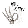 Hand drawn skeleton hand in Okay gesture. Flash tattoo, blackwork, sticker, patch or print design vector illustration