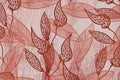 Hand drawn skeleton style transparent leaves Japanese style faded red, linen, texture unique fabric design pattern
