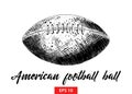 Hand drawn sketch of american football ball in black isolated on white background. Detailed vintage etching style drawing. Royalty Free Stock Photo