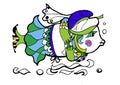 Fish in the hat,coloring page, freehand sketch, funny cartoon animalsÃÂ 