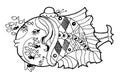 Fish nursery school, funny cartoon fish, blach and weit wersion coloring page