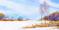 Watercolor painting. Rural winter landscape