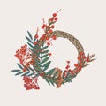 Hand-drawn sketch autumn wreath with rowan berries, branches, leaves in engraving style. Vintage floristic door wreath