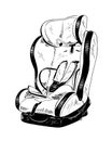 Hand drawn sketch of baby car seat in black isolated on white background. Detailed vintage etching style drawing. Royalty Free Stock Photo