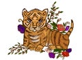 Hand drawn sketch baby tiger in flowers on the isolated white background. Engraved Cute Doodle of the tiger