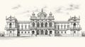 Hand-drawn Sketch Of Baroque Architecture In 1800s Wine Country Italy