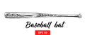 Hand drawn sketch of baseball bat in black isolated on white background. Detailed vintage etching style drawing.