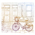 Hand drawn sketch of bicycle on the street, old town