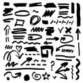 Hand drawn sketch black marker, brushed signs, arrows, lines, shapes, handwritten, design elements set isolated on white Royalty Free Stock Photo