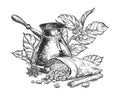 Hand drawn sketch black and white of coffee grain, mill, leaf, branch. Vector illustration. Elements in graphic style Royalty Free Stock Photo