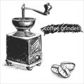 Hand drawn sketch black and white coffee grinder. Vector illustration of coffee grain. Royalty Free Stock Photo