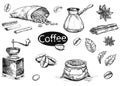 Hand drawn sketch black and white coffee set. Vector illustration of coffee beans, leaf, branch, mill, cezve, cinnamon Royalty Free Stock Photo