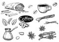 Hand drawn sketch black and white coffee set. Vector illustration of coffee cup, beans, leaf, branch, vanilla, turka Royalty Free Stock Photo