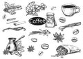 Hand drawn sketch black and white coffee set. Vector illustration of coffee cup, beans, leaf, branch, vanilla, turka