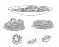 Hand drawn sketch black and white of pasta, spaghetti, tomato, basil. Vector illustration. Elements in graphic style Royalty Free Stock Photo