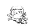 Hand drawn sketch black and white of strawberry jam, berry, jar, leaf. Vector illustration. Elements in graphic style Royalty Free Stock Photo