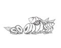 Hand drawn sketch black and white of tuber, turmeric, leaf, curcuma, slice. Vector illustration. Elements in graphic