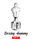 Hand drawn sketch of boxing dummy in black isolated on white background. Detailed vintage etching style drawing.