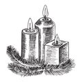 Hand drawn sketch Burning candle christmas candlestick of fir branches. Vector illustration.