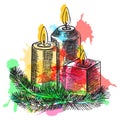 Hand drawn sketch Burning candle in christmas candlestick of fir branches. Vector illustration.