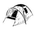 Hand drawn sketch of camping tent in black isolated on white background. Detailed vintage etching style drawing. Royalty Free Stock Photo