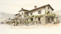 Hand-drawn Sketch Of A Classic Sustainable Farmhouse In Wine Country Italy