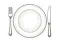 Hand-drawn sketch of a complete dinner place setting with an empty plate, fork, and knife ready for a meal. isolated on white Royalty Free Stock Photo