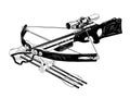 Hand drawn sketch of crossbow in black isolated on white background. Detailed vintage etching style drawing.