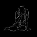 hand drawn sketch of crying girl bowing head regret expression on black background