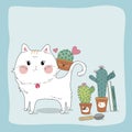 Hand drawn sketch cute cat and cactus in flower pot Royalty Free Stock Photo