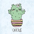 Vector illustration of hand drawn sketch cute kawaii cat cactus in a flowerpot in anime style with lettering catctus