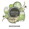 Hand-drawn sketch different matcha drinks and cookings. Royalty Free Stock Photo
