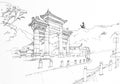 Hand drawn sketch of Entrance Gate to the Po Lin Monastery, Lantau Island, Hong Kong, China Royalty Free Stock Photo