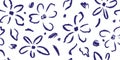 hand drawn sketch floral seamless pattern. Strokes of paint dark blue abstract flowers white background.. Royalty Free Stock Photo