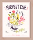 Vector farmers market banner with hand drawn sketch basket full of raw vegetables splashing out. Royalty Free Stock Photo