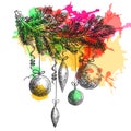 Hand drawn sketch Fur tree branch with New Year and Christmas decorations. element colorful watercolor blots