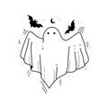 Hand drawn sketch of ghost isolated on white background. Happy Halloween. Scary white ghosts. Cute cartoon spooky character. Royalty Free Stock Photo