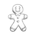 Hand drawn sketch gingerbread man icing decorated. Traditional Christmas cookie. Royalty Free Stock Photo