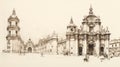 Hand-drawn Sketch Of Grand Cathedral In Spain: Delicate Realism And Baroque Architecture